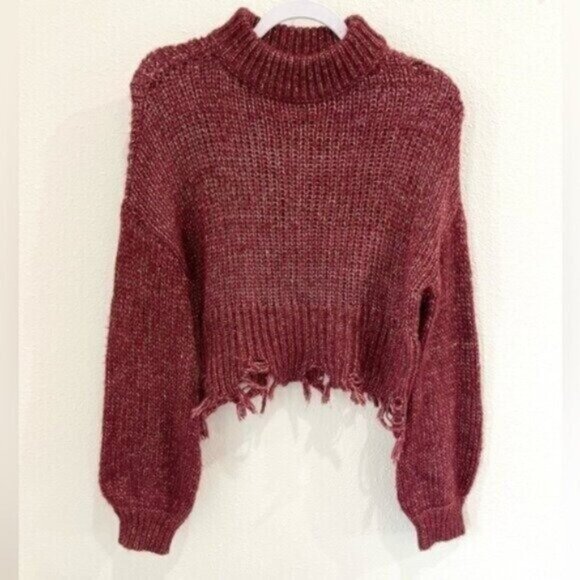 Lovers+Friends Frayed Oversized Western Sweater Boho Distressed Puff Sleeve - Picture 1 of 7